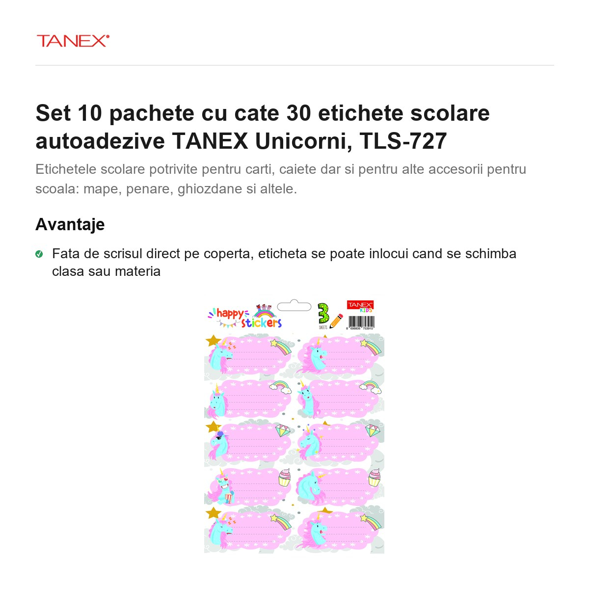 Set 10 pachete cu cate 30 etichete scolare autoadezive TANEX Unicorni, TLS-727 [2]