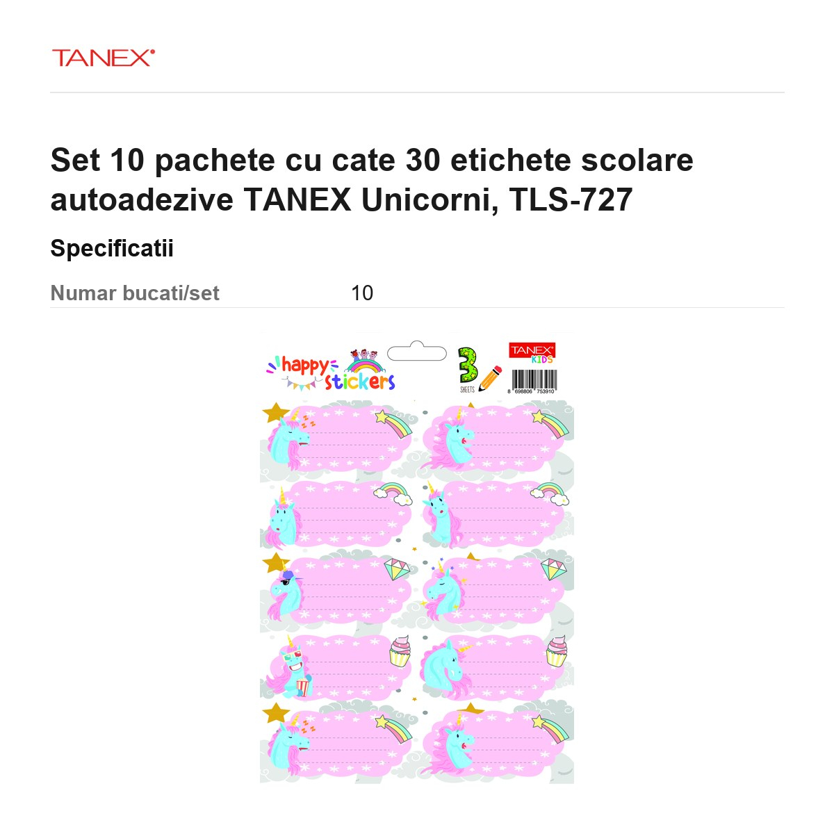 Set 10 pachete cu cate 30 etichete scolare autoadezive TANEX Unicorni, TLS-727 [3]