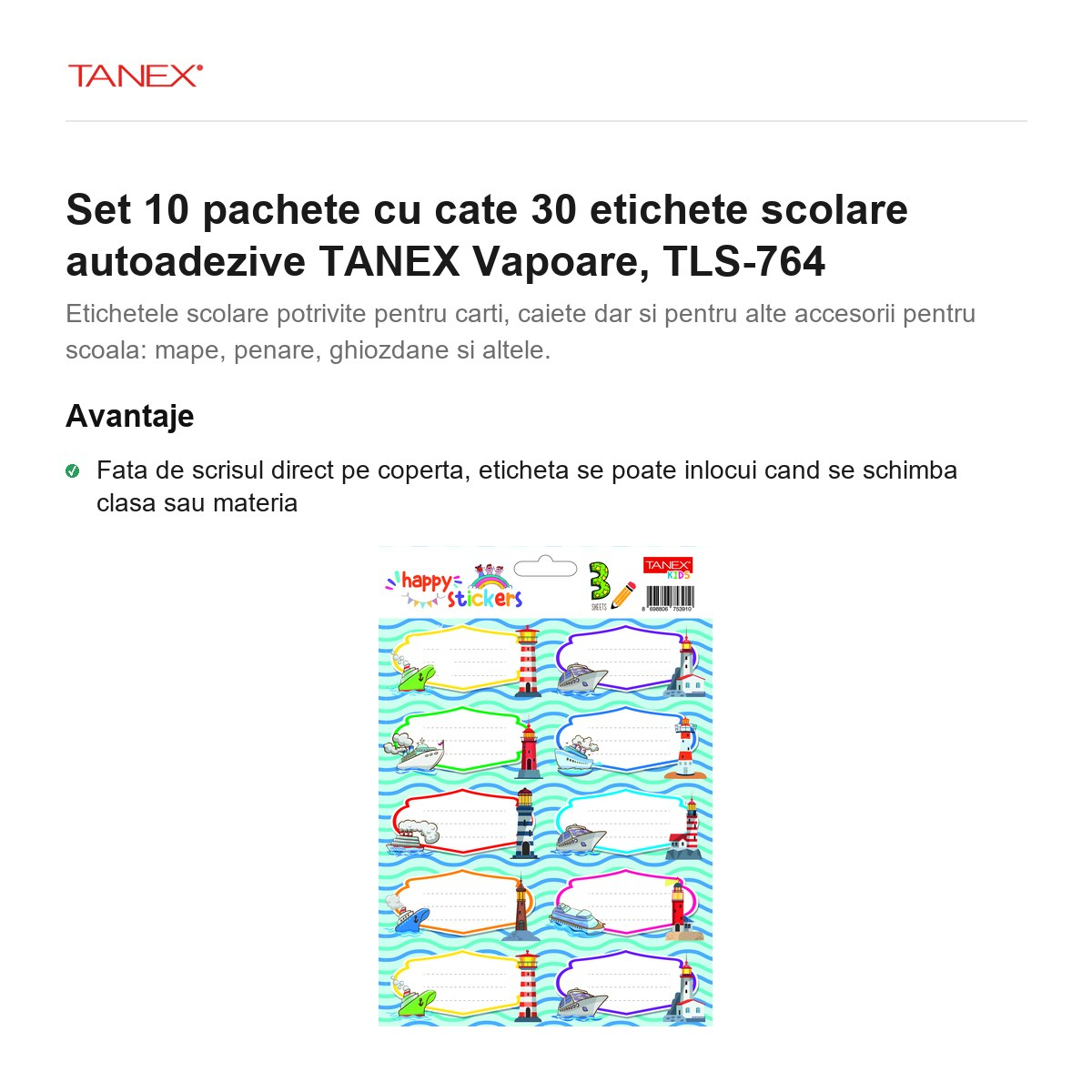 Set 10 pachete cu cate 30 etichete scolare autoadezive TANEX Vapoare, TLS-764 [2]