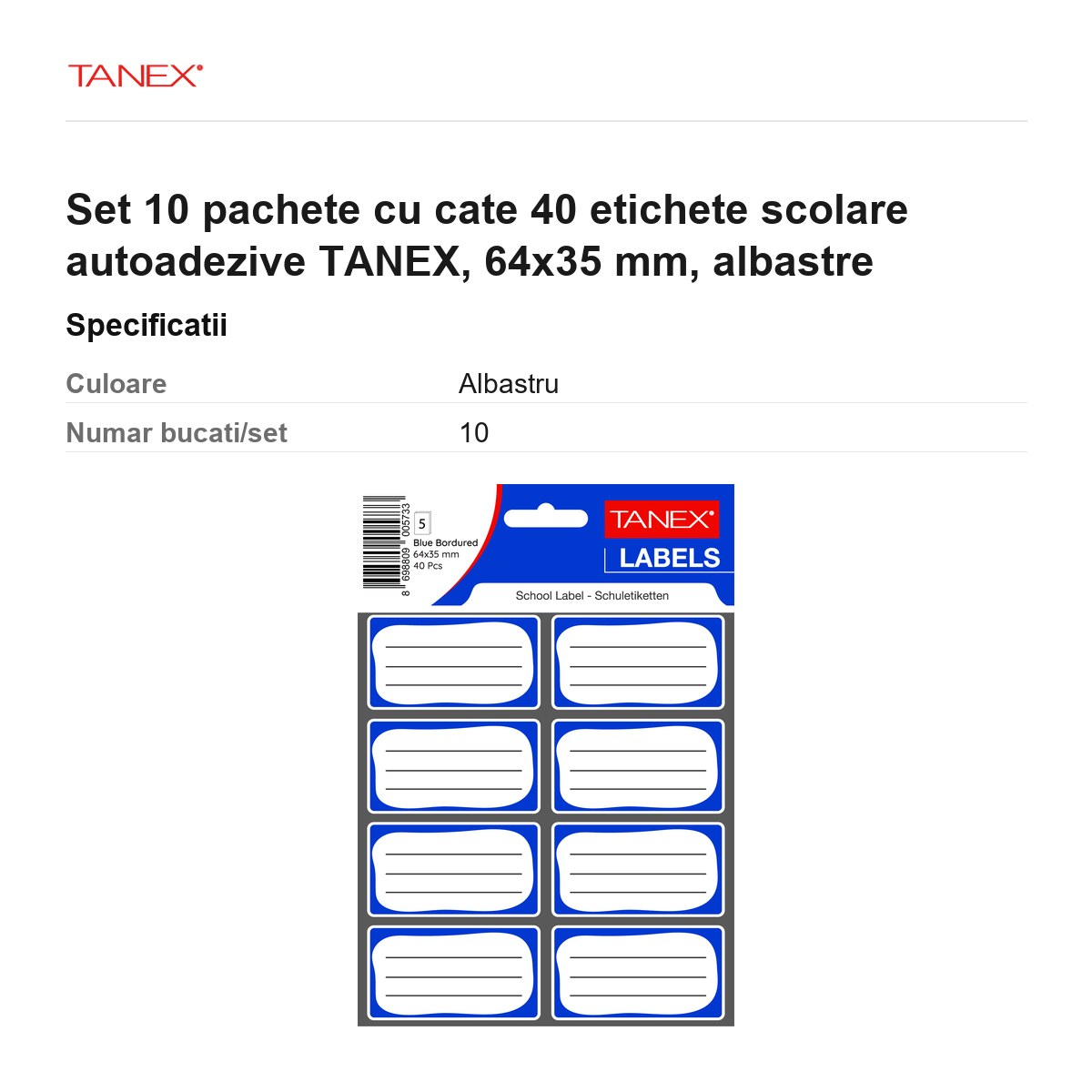 Set 10 pachete cu cate 40 etichete scolare autoadezive TANEX, 64x35 mm, albastre [3]