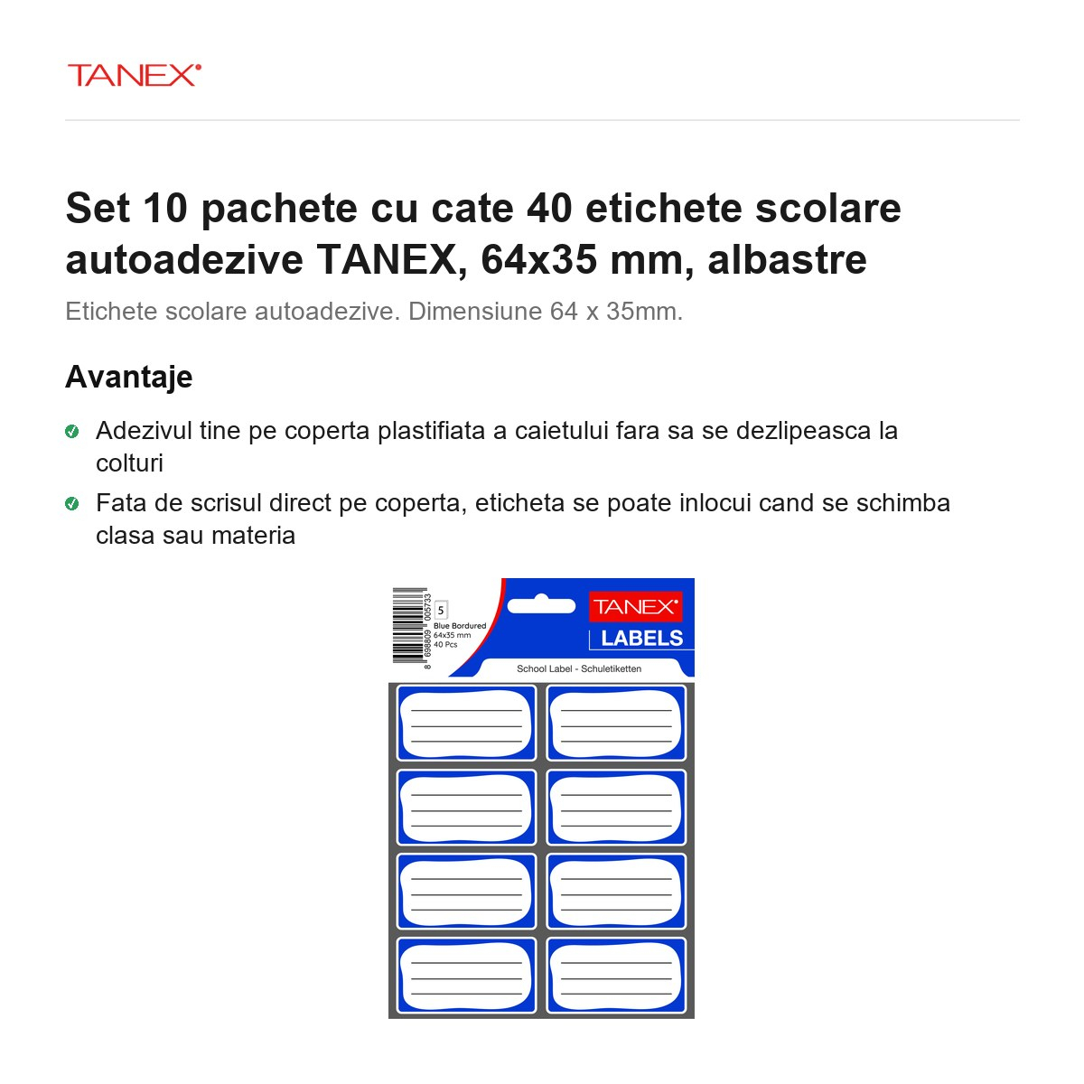 Set 10 pachete cu cate 40 etichete scolare autoadezive TANEX, 64x35 mm, albastre [2]