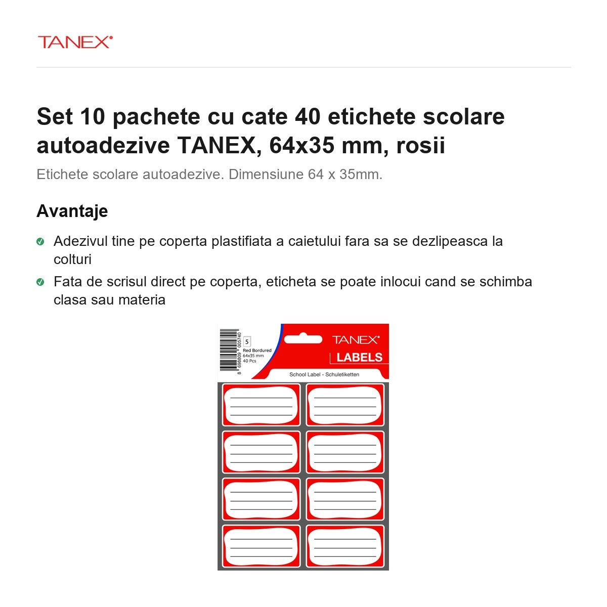 Set 10 pachete cu cate 40 etichete scolare autoadezive TANEX, 64x35 mm, rosii [2]