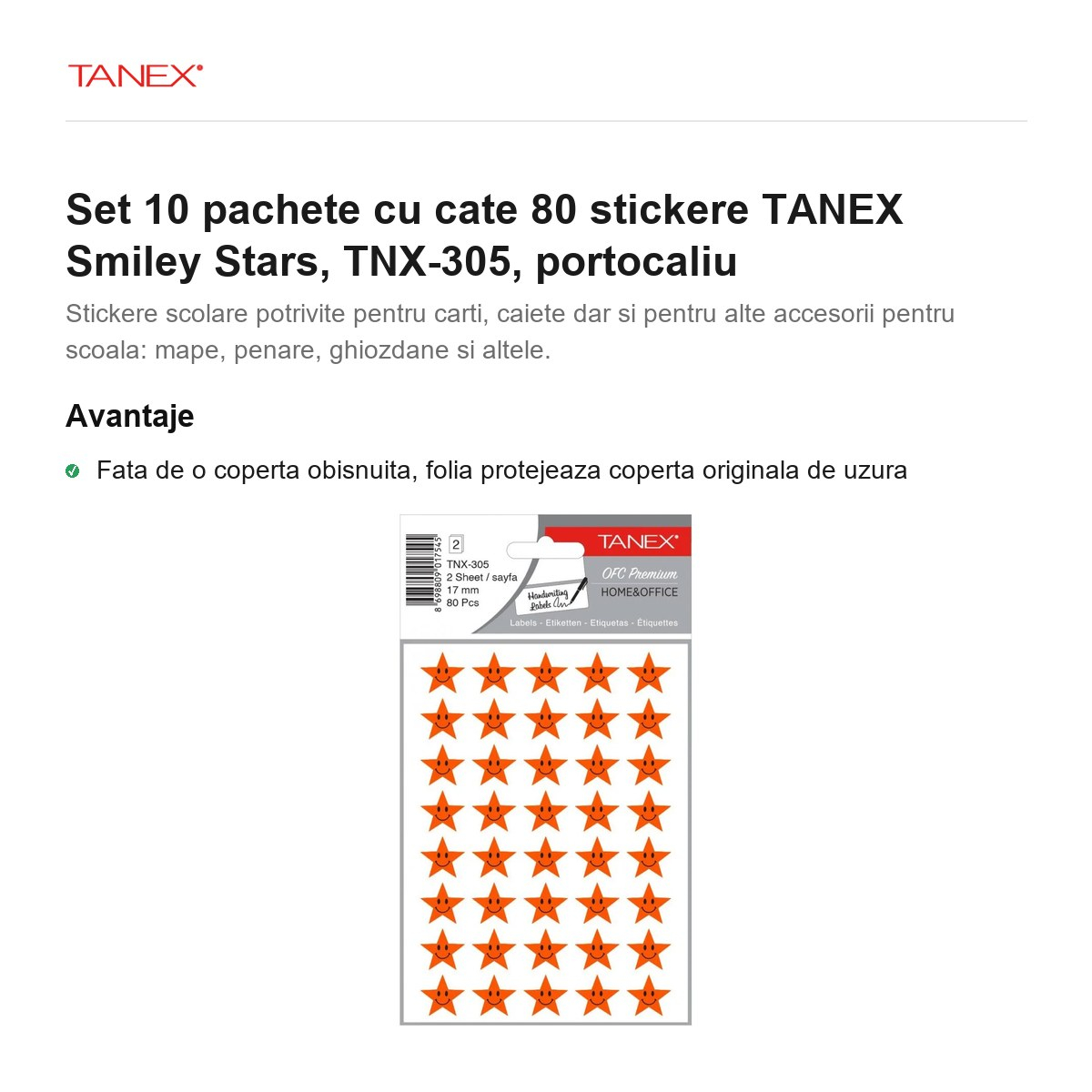 Set 10 pachete cu cate 80 stickere TANEX Smiley Stars, TNX-305, portocaliu [2]