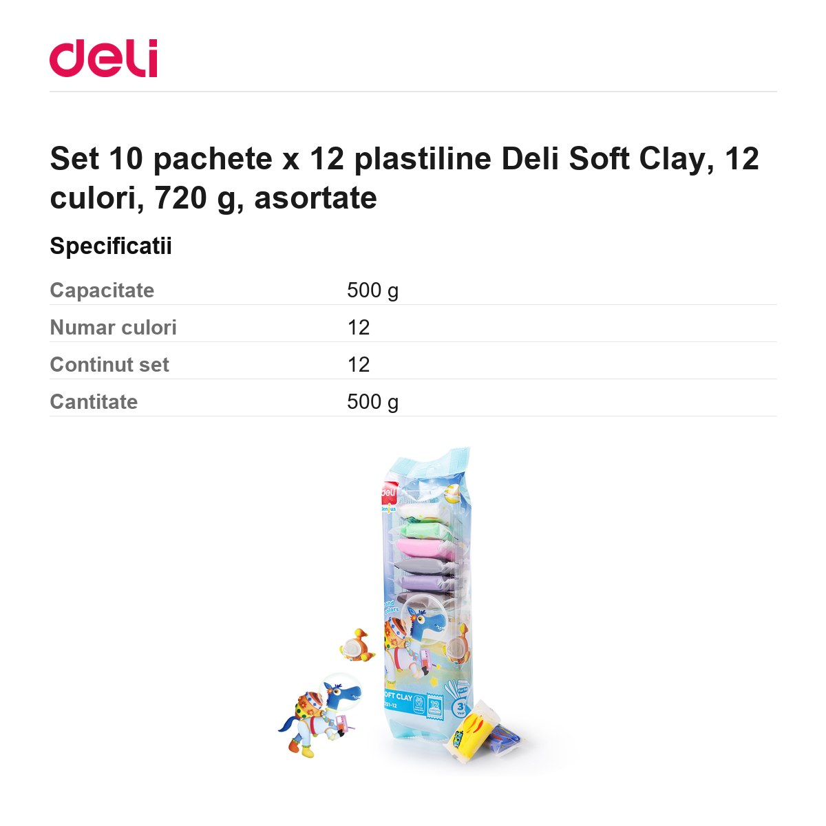 Set 10 pachete x 12 plastiline Deli Soft Clay, 12 culori, 720 g, asortate [3]
