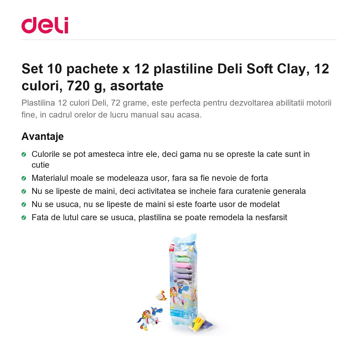 Set 10 pachete x 12 plastiline Deli Soft Clay, 12 culori, 720 g, asortate [2]