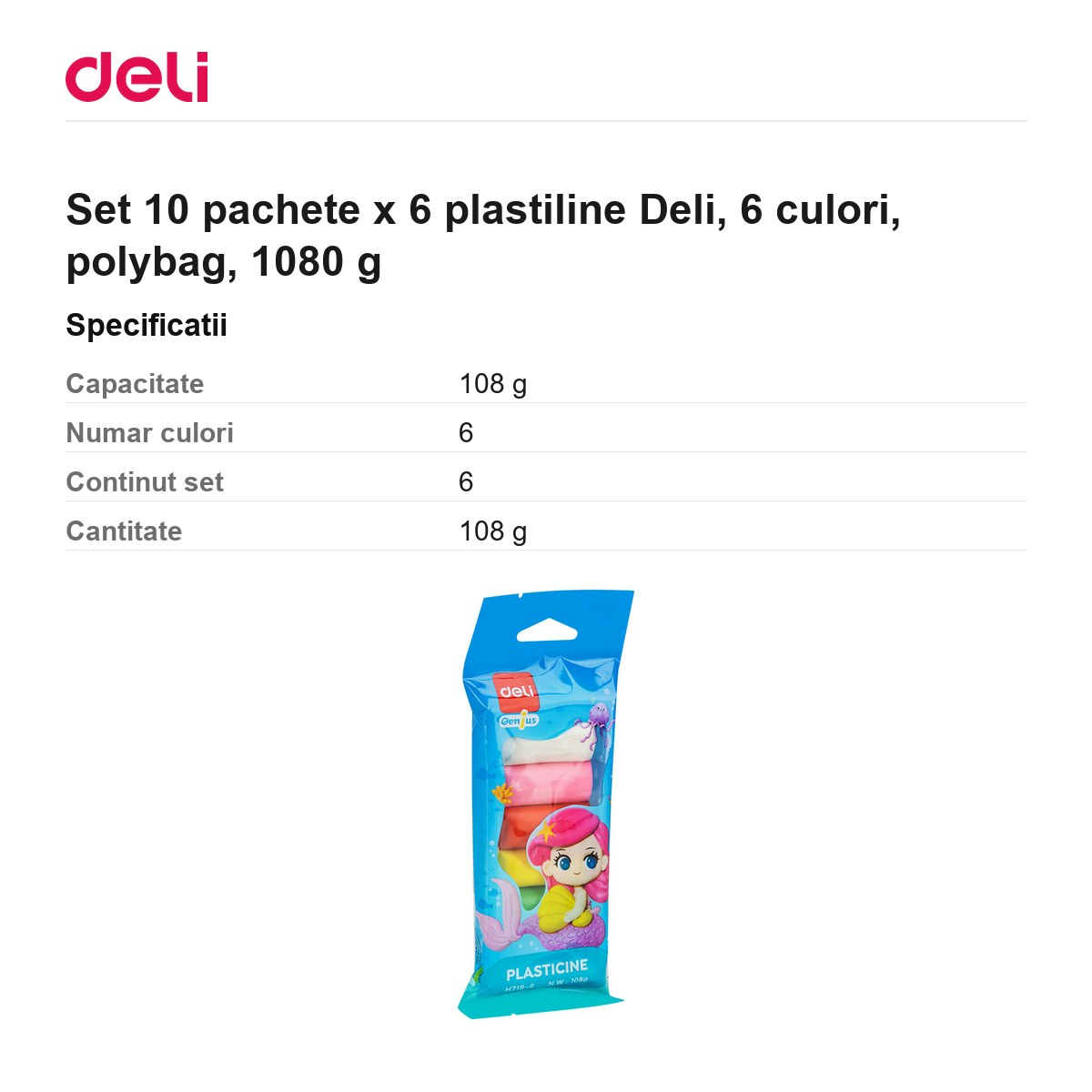 Set 10 pachete x 6 plastiline Deli, 6 culori, polybag, 1080 g [3]