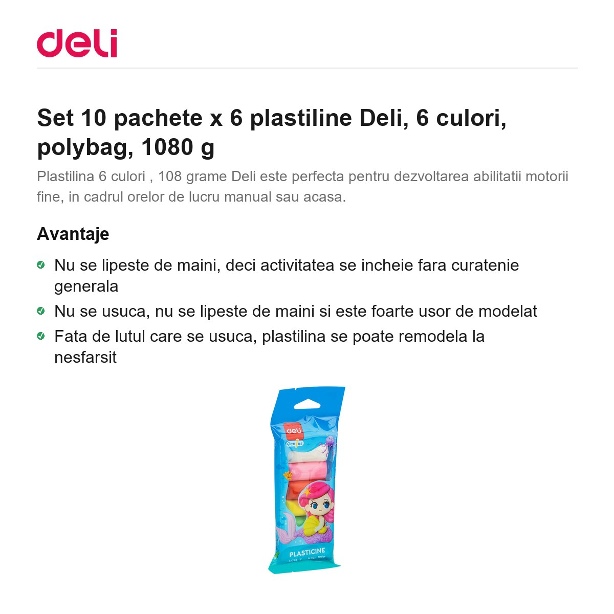 Set 10 pachete x 6 plastiline Deli, 6 culori, polybag, 1080 g [2]