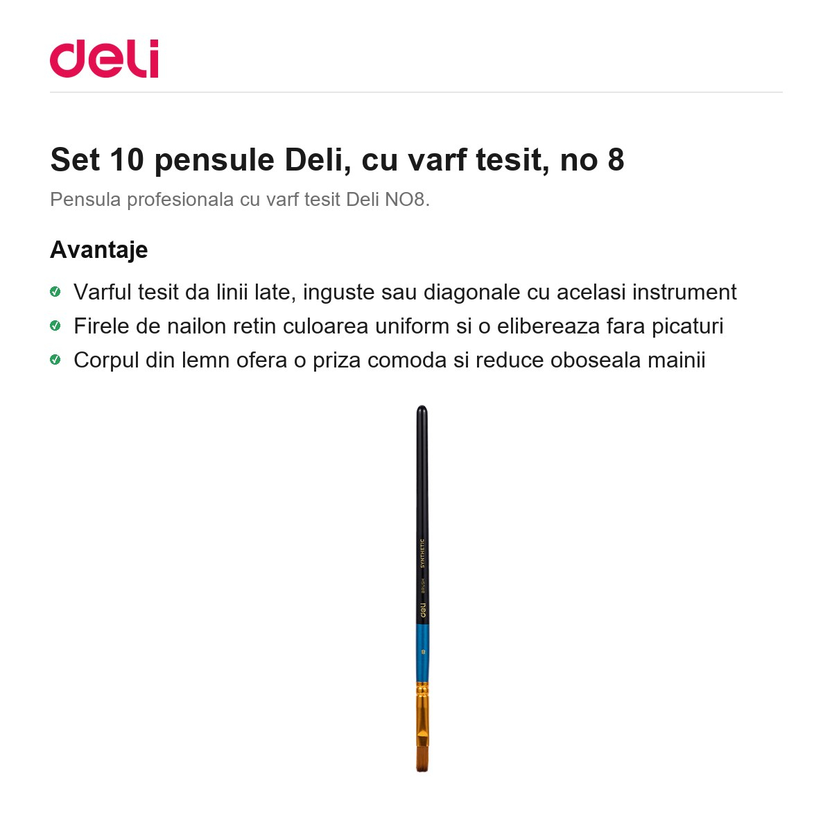 Set 10 pensule Deli, cu varf tesit, no 8 [2]