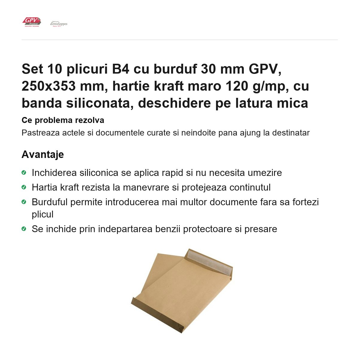 Set 10 plicuri B4 cu burduf 30 mm GPV, 250x353 mm, hartie kraft maro 120 g/mp, cu banda siliconata, deschidere pe latura mica [2]