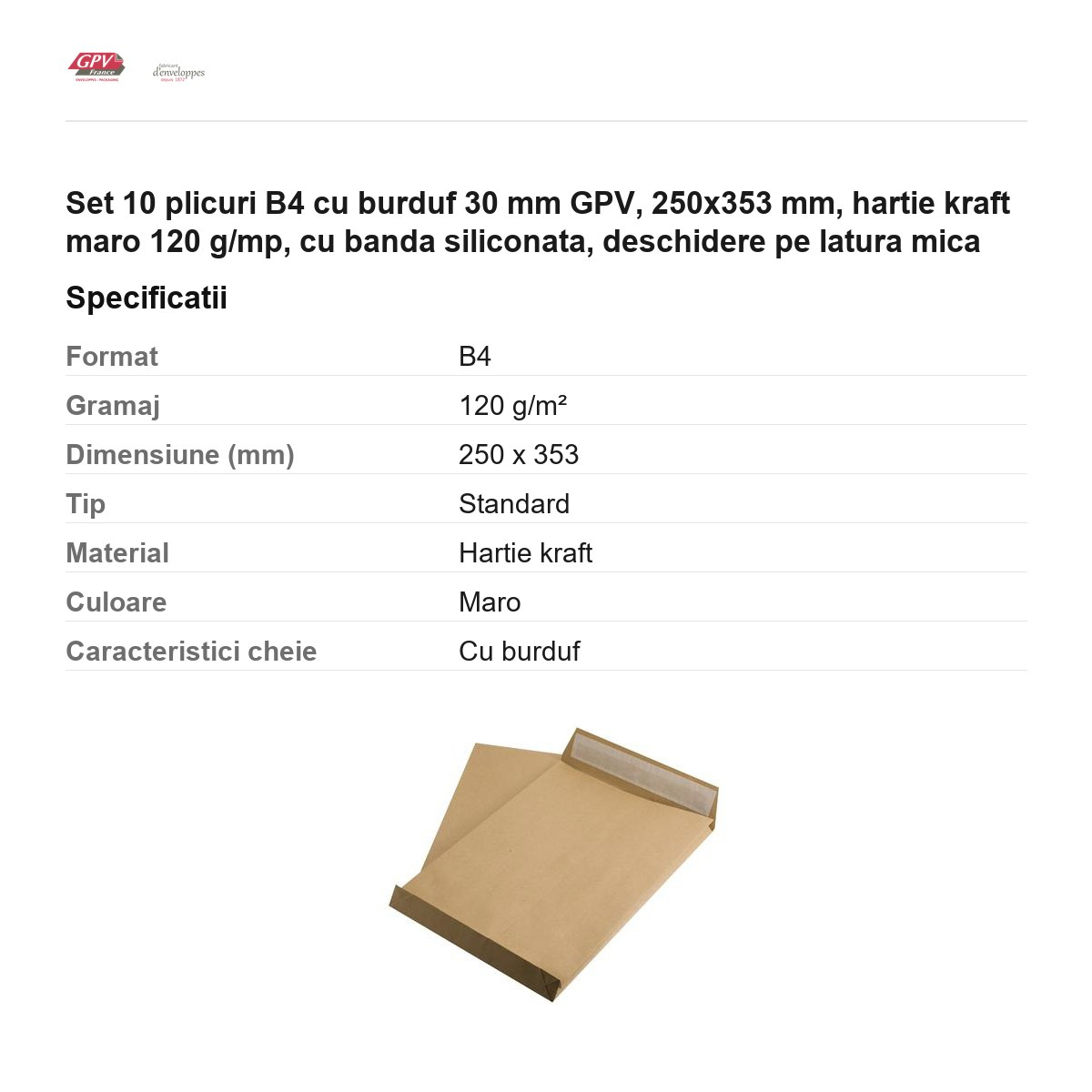 Set 10 plicuri B4 cu burduf 30 mm GPV, 250x353 mm, hartie kraft maro 120 g/mp, cu banda siliconata, deschidere pe latura mica [3]