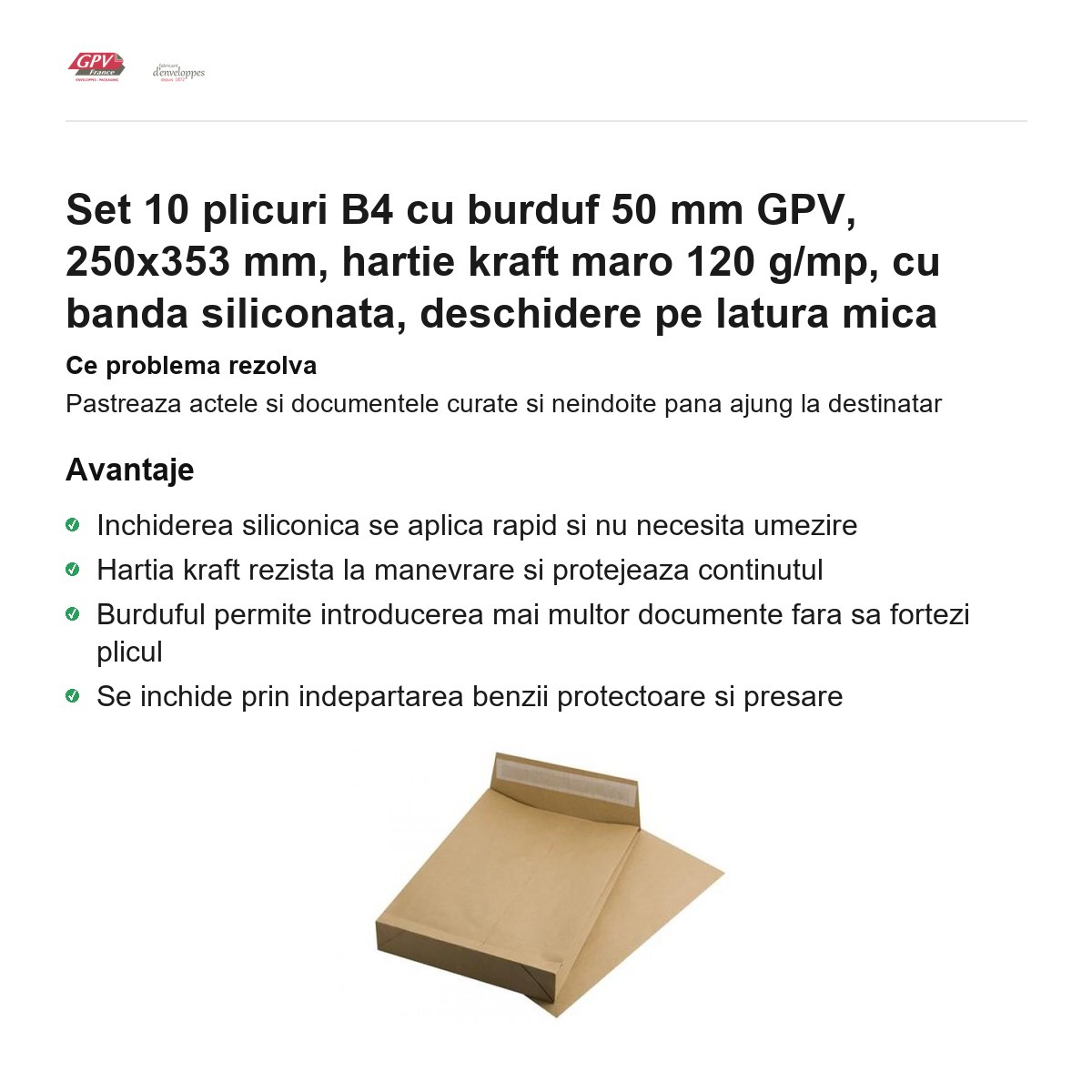 Set 10 plicuri B4 cu burduf 50 mm GPV, 250x353 mm, hartie kraft maro 120 g/mp, cu banda siliconata, deschidere pe latura mica [2]