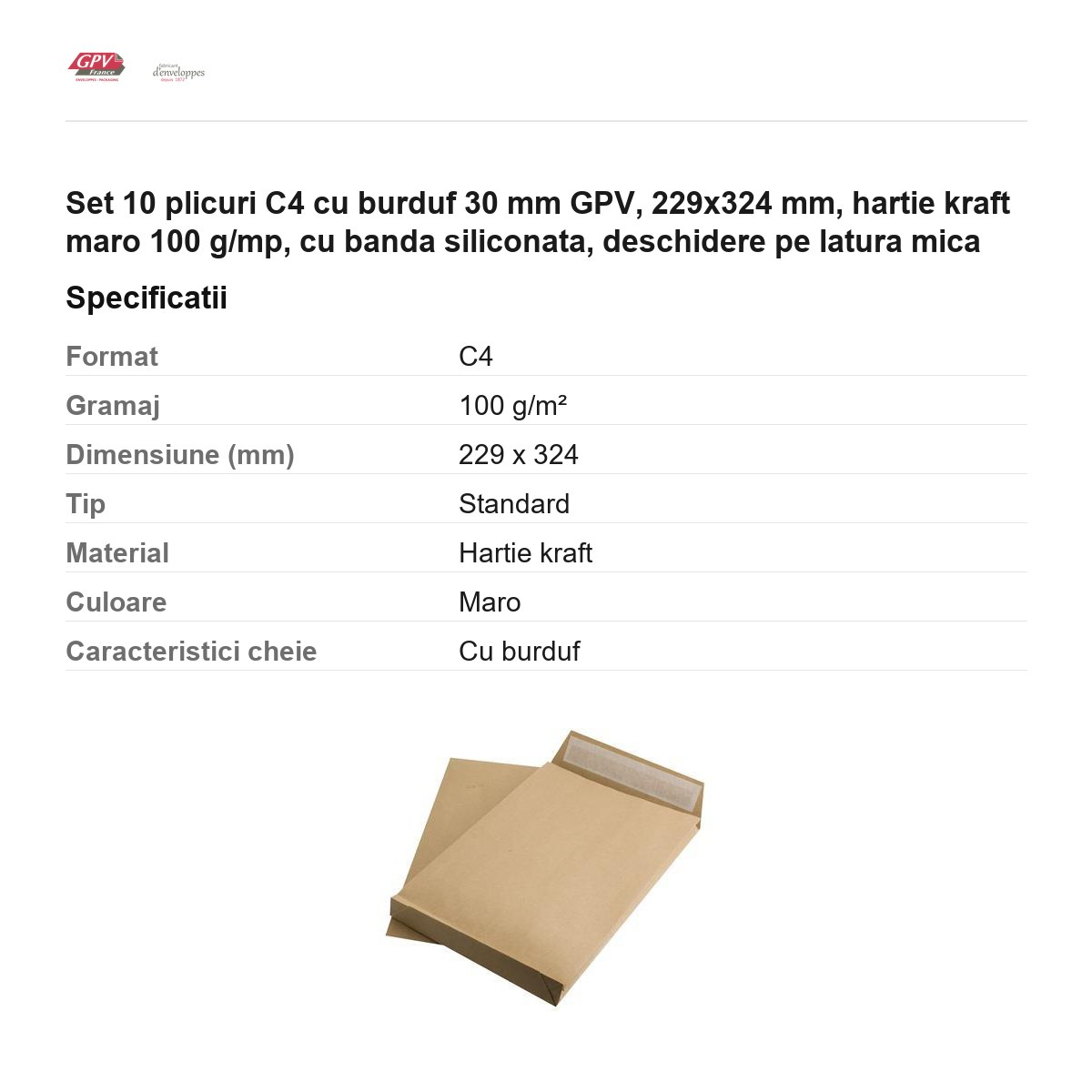 Set 10 plicuri C4 cu burduf 30 mm GPV, 229x324 mm, hartie kraft maro 100 g/mp, cu banda siliconata, deschidere pe latura mica [3]