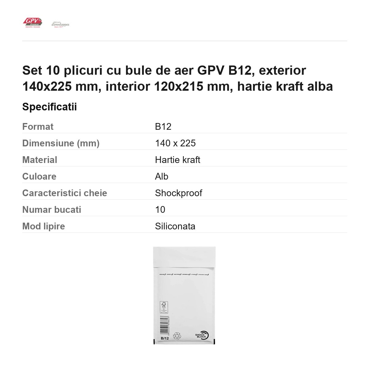 Set 10 plicuri cu bule de aer GPV B12, exterior 140x225 mm, interior 120x215 mm, hartie kraft alba [3]