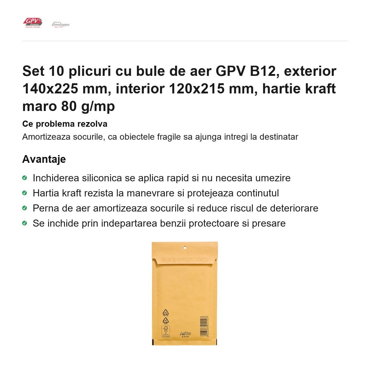 Set 10 plicuri cu bule de aer GPV B12, exterior 140x225 mm, interior 120x215 mm, hartie kraft maro 80 g/mp [2]
