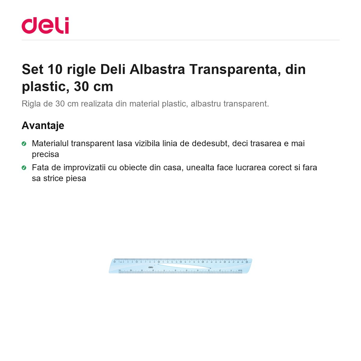 Set 10 rigle Deli Albastra Transparenta, din plastic, 30 cm [2]
