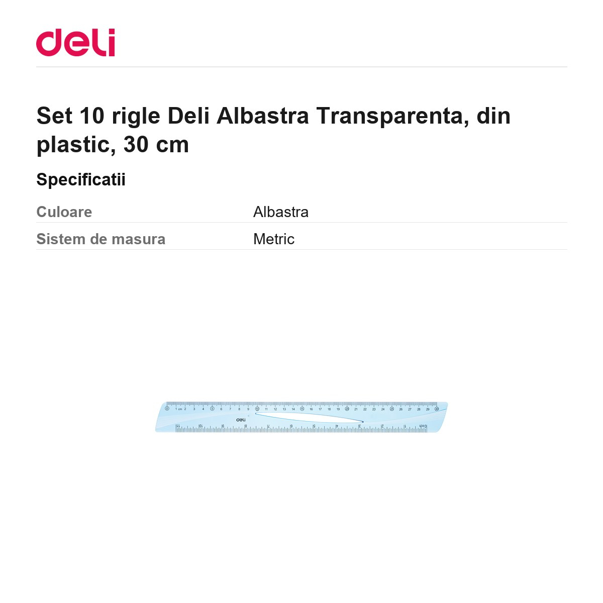 Set 10 rigle Deli Albastra Transparenta, din plastic, 30 cm [3]