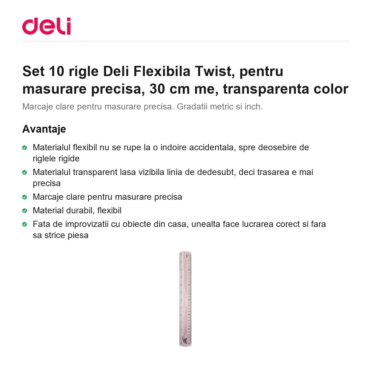 Set 10 rigle Deli Flexibila Twist, pentru masurare precisa, 30 cm me, transparenta color [2]
