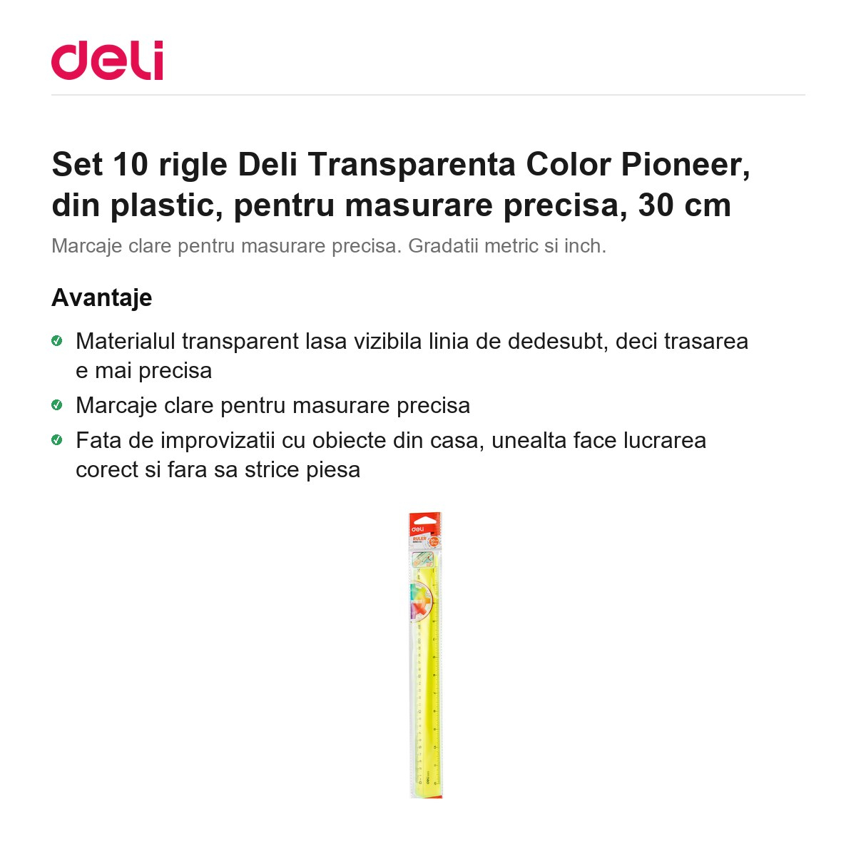Set 10 rigle Deli Transparenta Color Pioneer, din plastic, pentru masurare precisa, 30 cm [2]