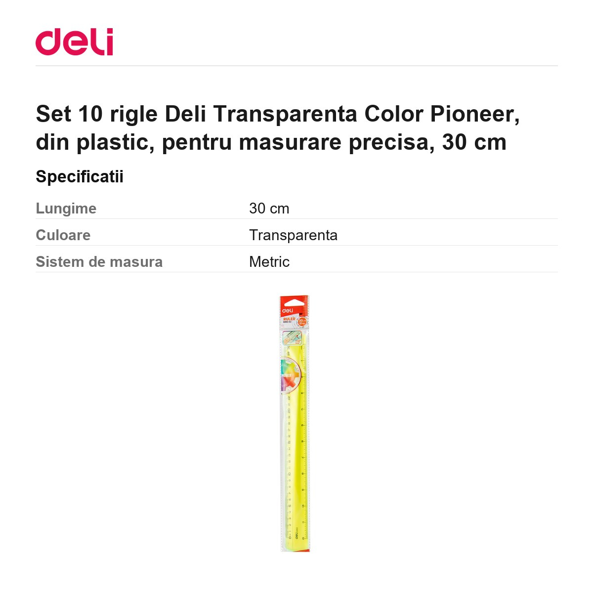 Set 10 rigle Deli Transparenta Color Pioneer, din plastic, pentru masurare precisa, 30 cm [3]