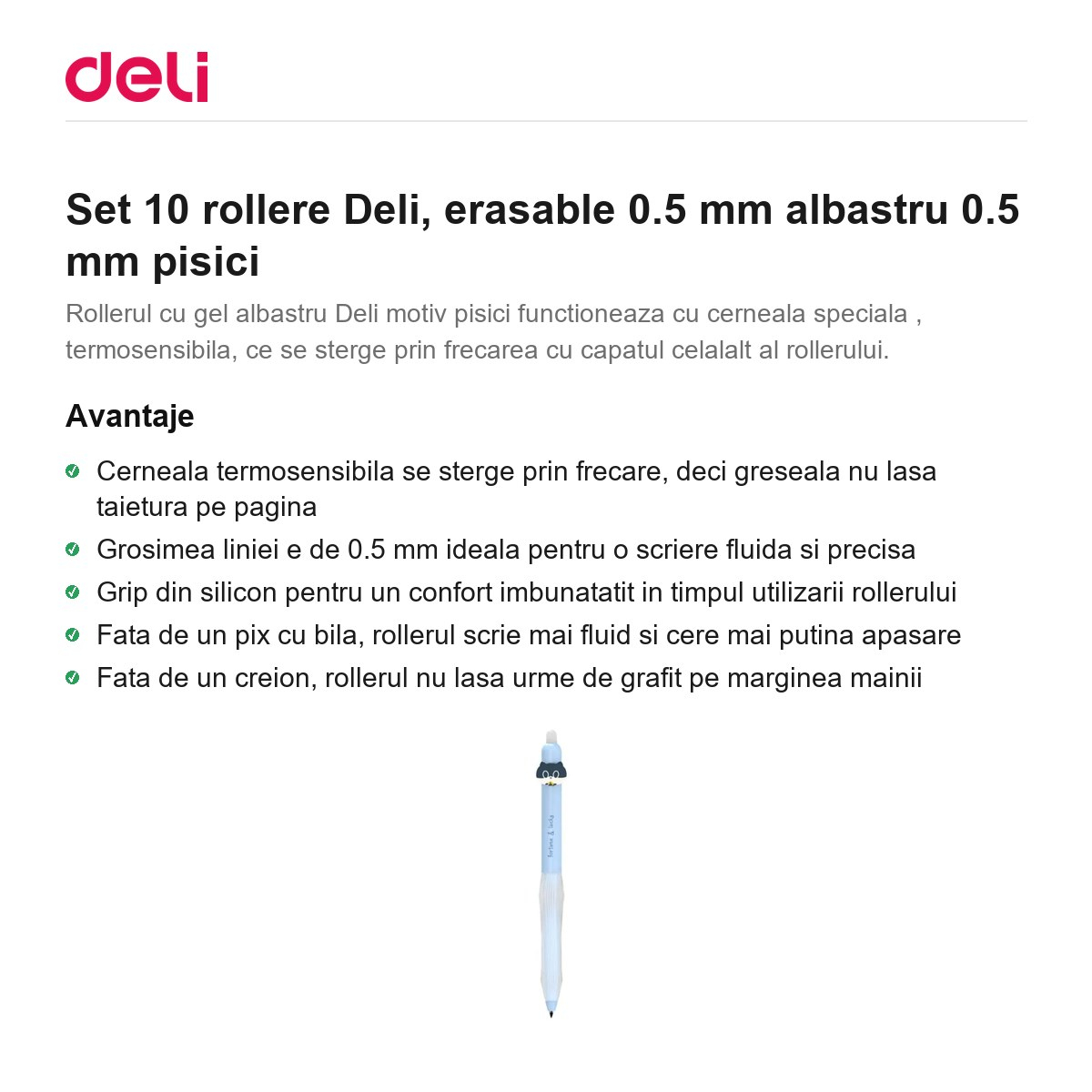 Set 10 rollere Deli, erasable 0.5 mm albastru 0.5 mm pisici [2]