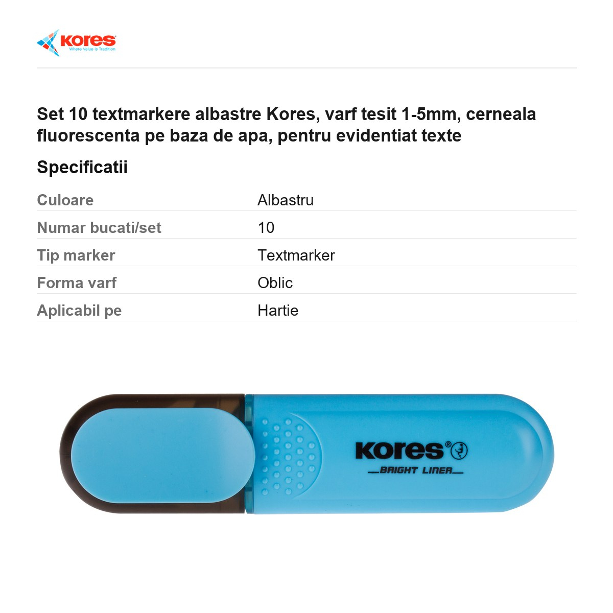 Set 10 textmarkere albastre Kores, varf tesit 1-5mm, cerneala fluorescenta pe baza de apa, pentru evidentiat texte [3]