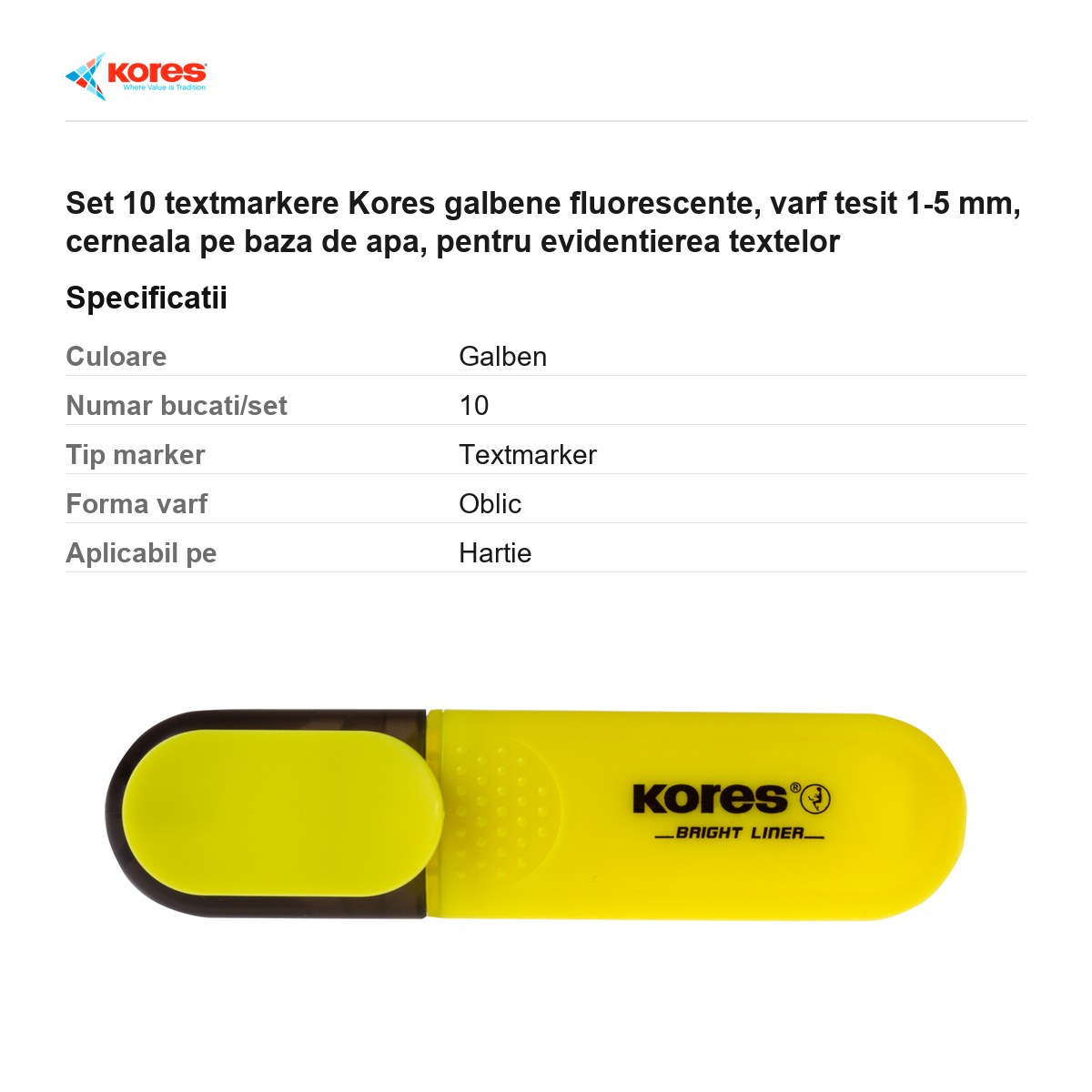 Set 10 textmarkere Kores galbene fluorescente, varf tesit 1-5 mm, cerneala pe baza de apa, pentru evidentierea textelor [3]