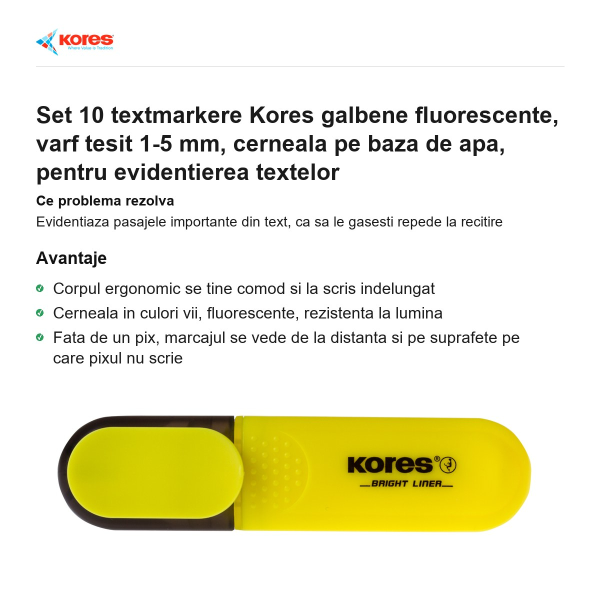 Set 10 textmarkere Kores galbene fluorescente, varf tesit 1-5 mm, cerneala pe baza de apa, pentru evidentierea textelor [2]