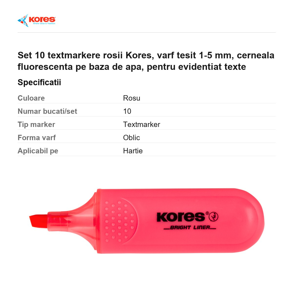 Set 10 textmarkere rosii Kores, varf tesit 1-5 mm, cerneala fluorescenta pe baza de apa, pentru evidentiat texte [3]