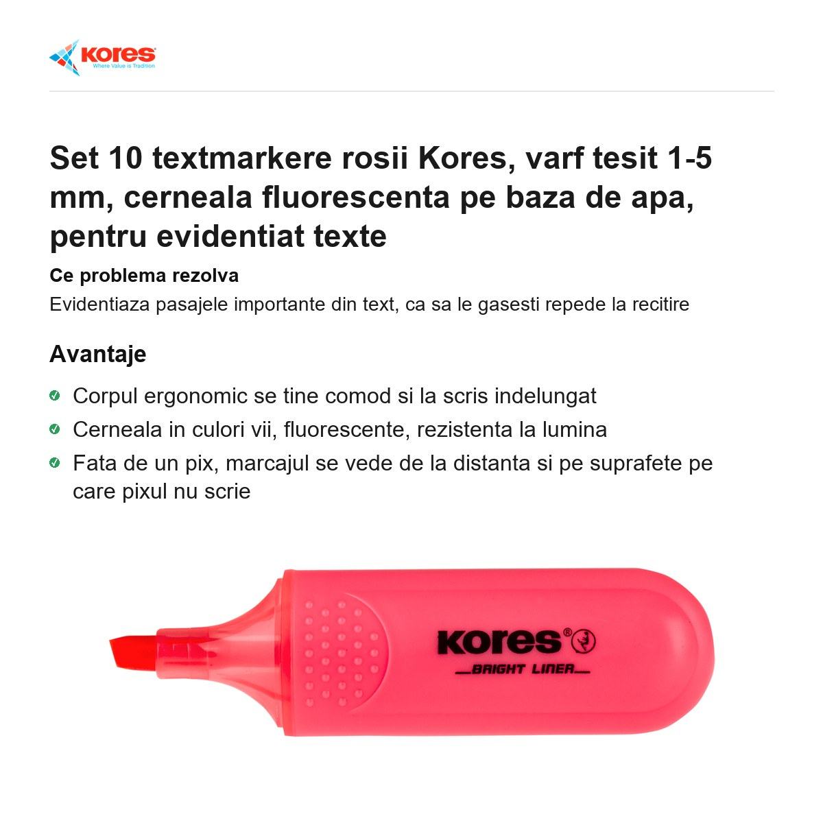 Set 10 textmarkere rosii Kores, varf tesit 1-5 mm, cerneala fluorescenta pe baza de apa, pentru evidentiat texte [2]