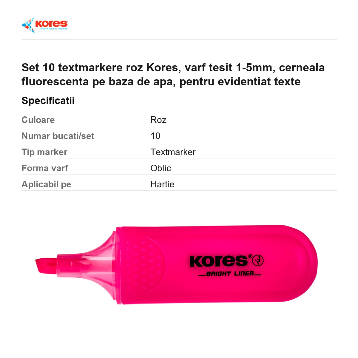 Set 10 textmarkere roz Kores, varf tesit 1-5mm, cerneala fluorescenta pe baza de apa, pentru evidentiat texte [3]
