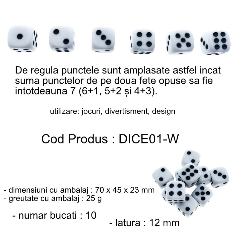 Set 10 zaruri albe cu puncte negre, DICE01-W, cu latura de 12 mm [5]