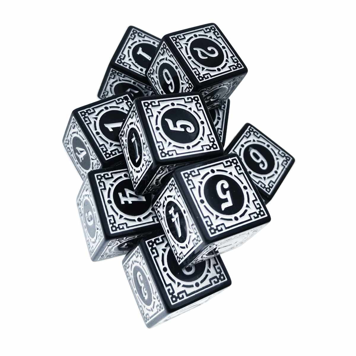 Set 10 zaruri cu cifre arabe si design, DICE02-BK, latura 15 mm, negru cu alb [1]