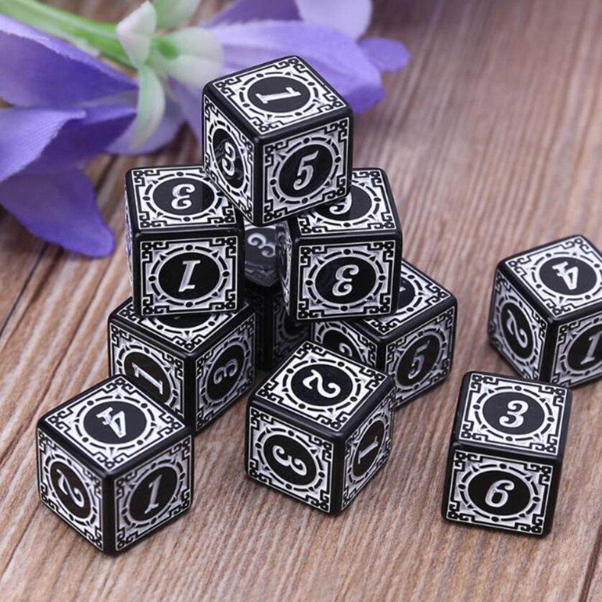 Set 10 zaruri cu cifre arabe si design, DICE02-BK, latura 15 mm, negru cu alb [4]