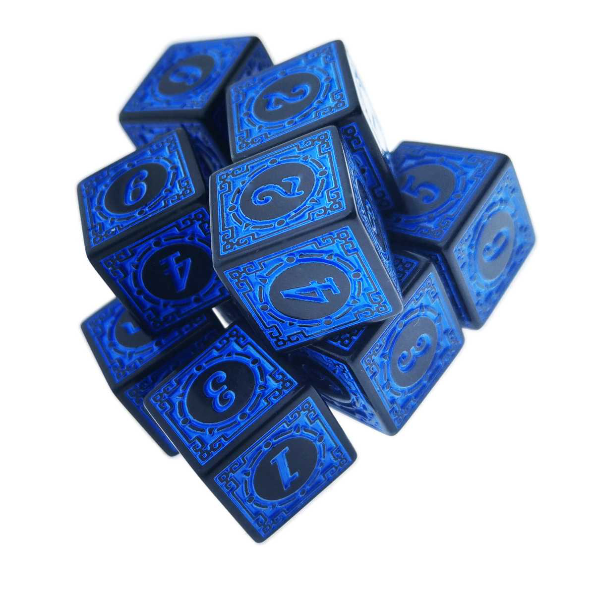 Set 10 zaruri cu cifre arabe si design, DICE02-BL, latura 15 mm, negru cu albastru [7]