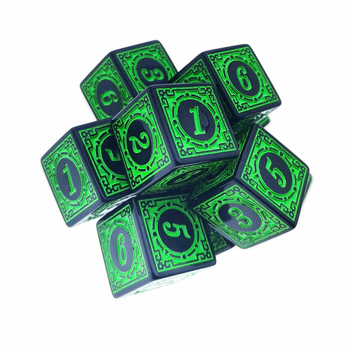 Set 10 zaruri cu cifre arabe si design, DICE02-G, latura 15 mm, negru cu verde [1]