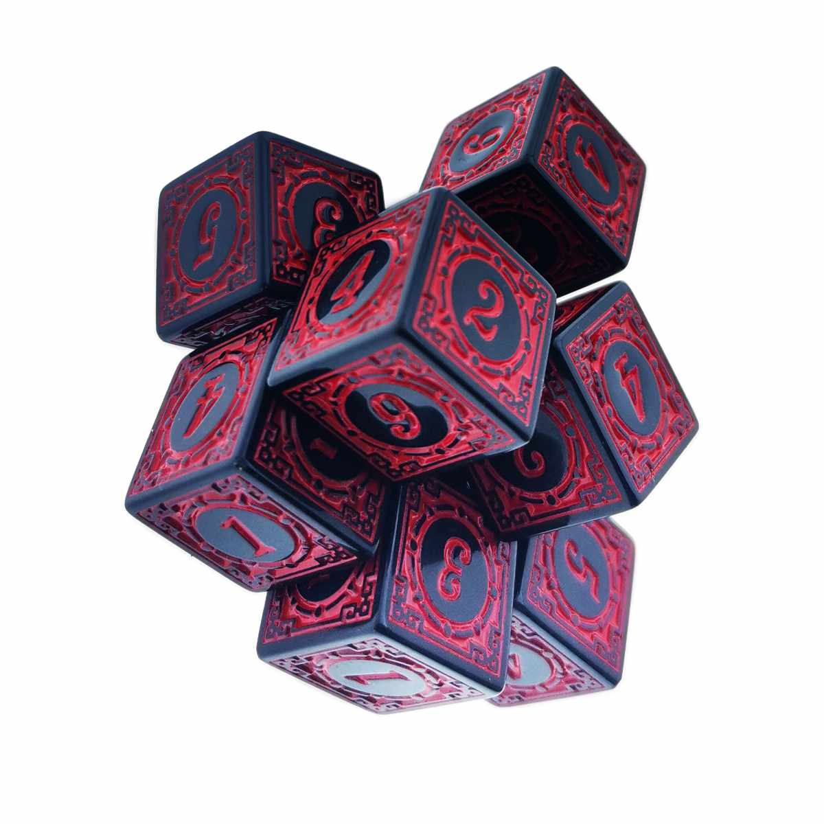 Set 10 zaruri cu cifre arabe si design, DICE02-R, latura 15 mm, negru cu rosu [7]