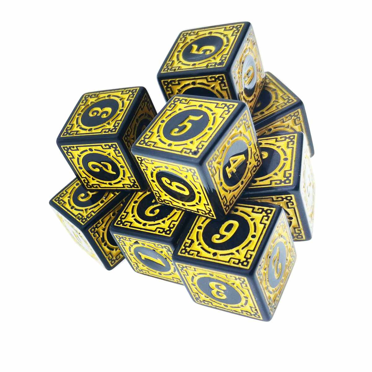 Set 10 zaruri cu cifre arabe si design, DICE02-Y, latura 15 mm, negru cu galben [8]