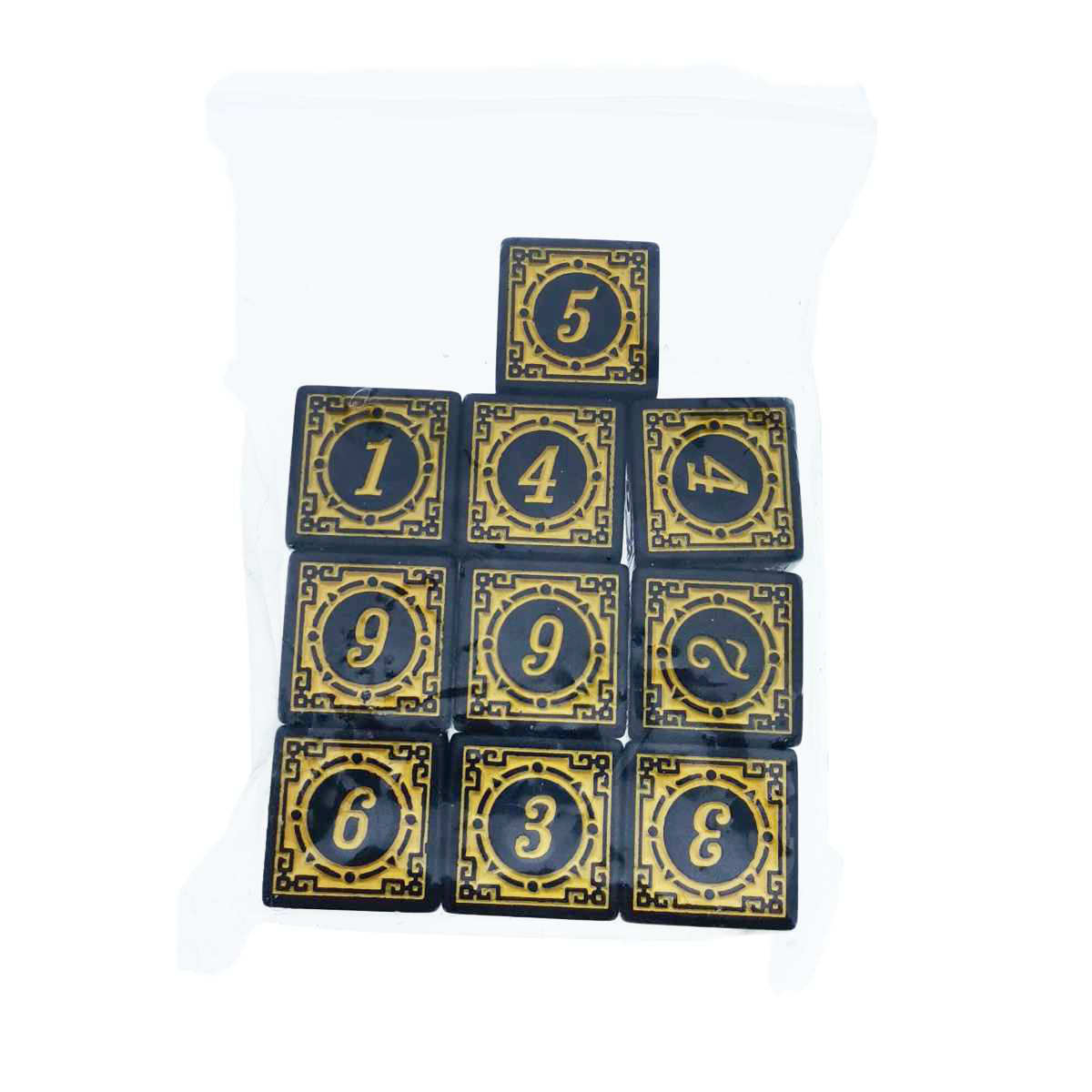 Set 10 zaruri cu cifre arabe si design, DICE02-Y, latura 15 mm, negru cu galben [4]