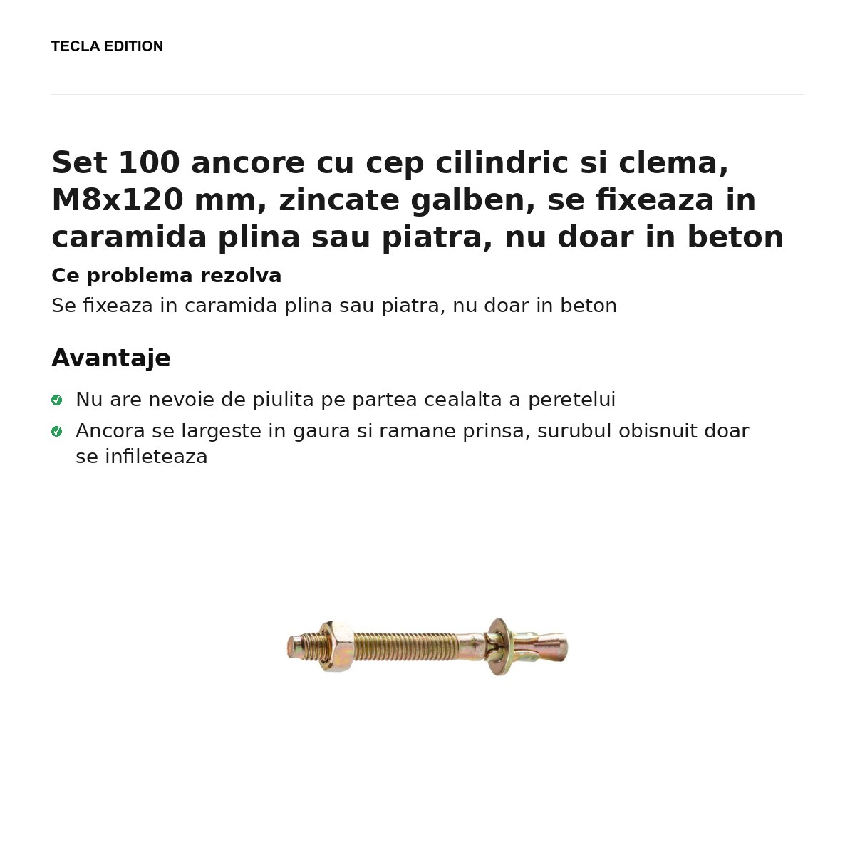 Set 100 ancore cu cep cilindric si clema, M8x120 mm, zincate galben, se fixeaza in caramida plina sau piatra, nu doar in beton [2]