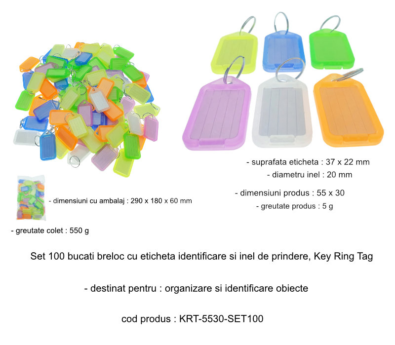 Set 100 bucati breloc 55 x 30 mm, cu eticheta identificare si inel de prindere, Key Ring Tag, din plastic, multicolor [5]