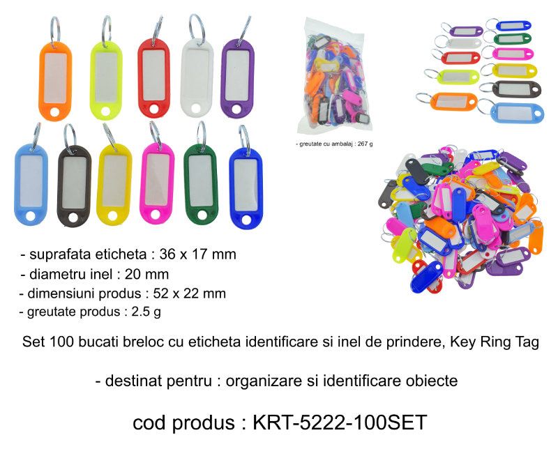 Set 100 bucati breloc cu eticheta identificare si inel de prindere, Key Ring Tag, 52 x 22 mm, din plastic, multicolor [6]