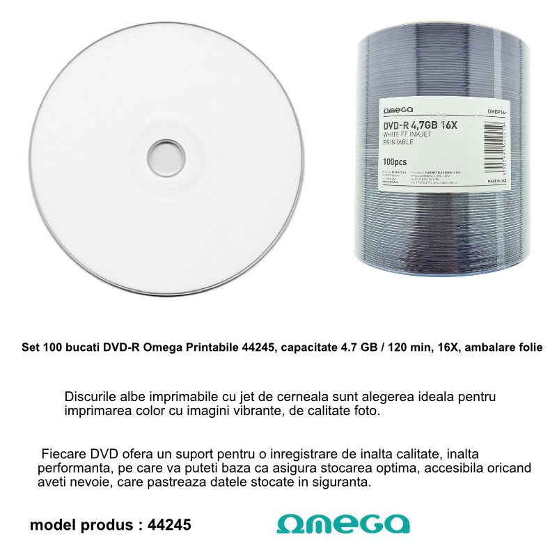 Set 100 bucati DVD-R Omega Printabile 44245, capacitate 4.7 GB / 120 min, 16X, ambalare folie [6]