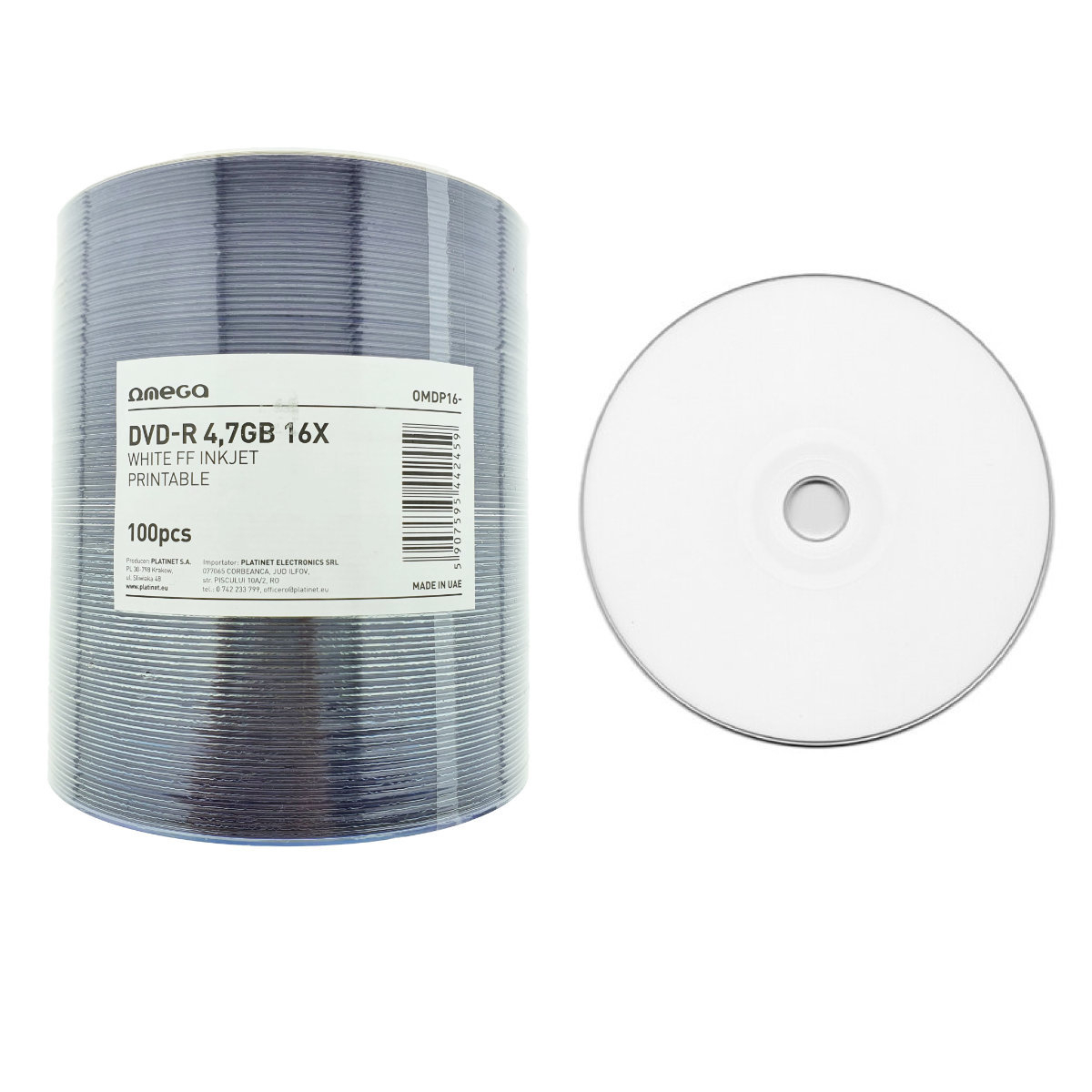 Set 100 bucati DVD-R Omega Printabile 44245, capacitate 4.7 GB / 120 min, 16X, ambalare folie [2]