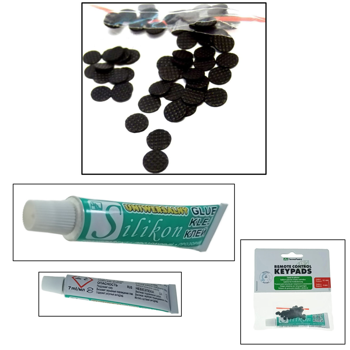 Set 100 butoane siliconice cu grosime 0.5mm si diametru 4mm, cu 7ml adeziv siliconic, pentru reparare telecomenzi, AGT-021 32001 [2]