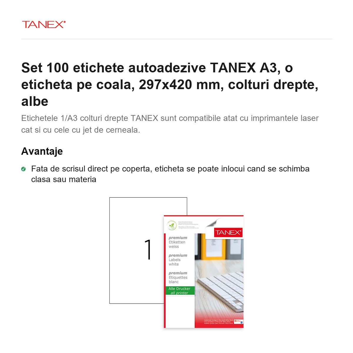 Set 100 etichete autoadezive TANEX A3, o eticheta pe coala, 297x420 mm, colturi drepte, albe [2]