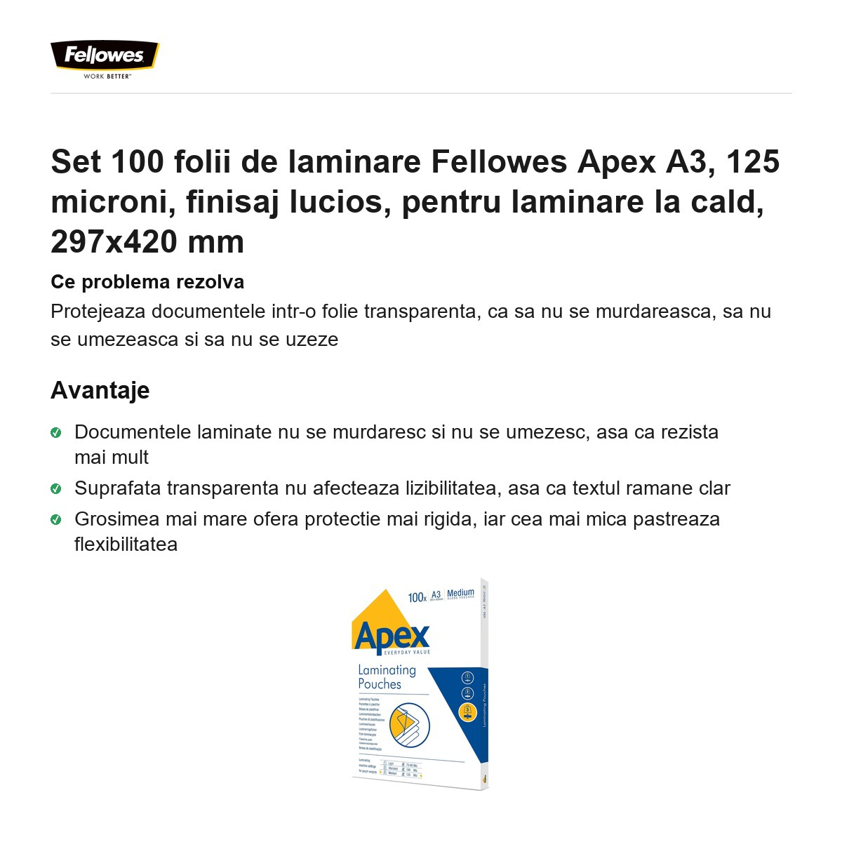 Set 100 folii de laminare Fellowes Apex A3, 125 microni, finisaj lucios, pentru laminare la cald, 297x420 mm [2]