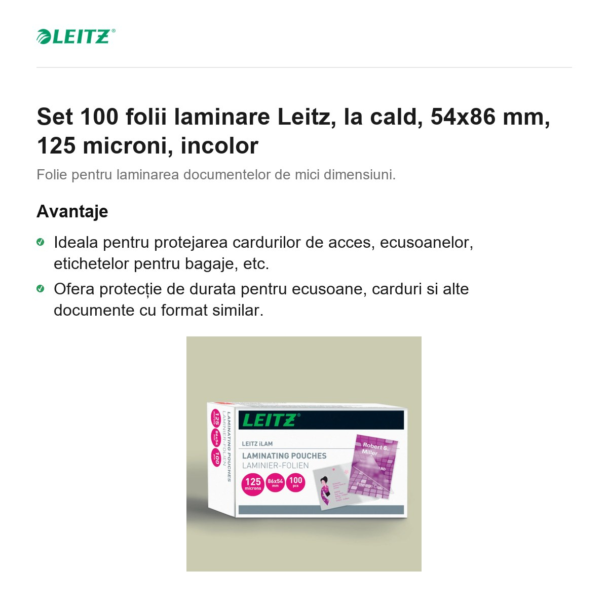 Set 100 folii laminare Leitz, la cald, 54x86 mm, 125 microni, incolor [2]