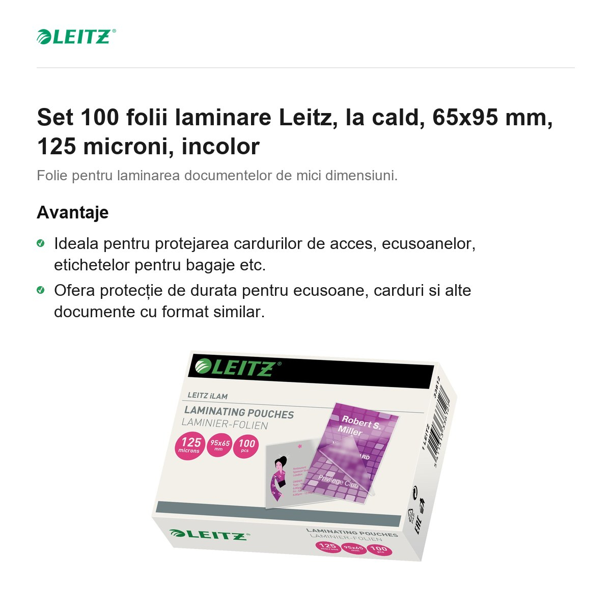Set 100 folii laminare Leitz, la cald, 65x95 mm, 125 microni, incolor [2]