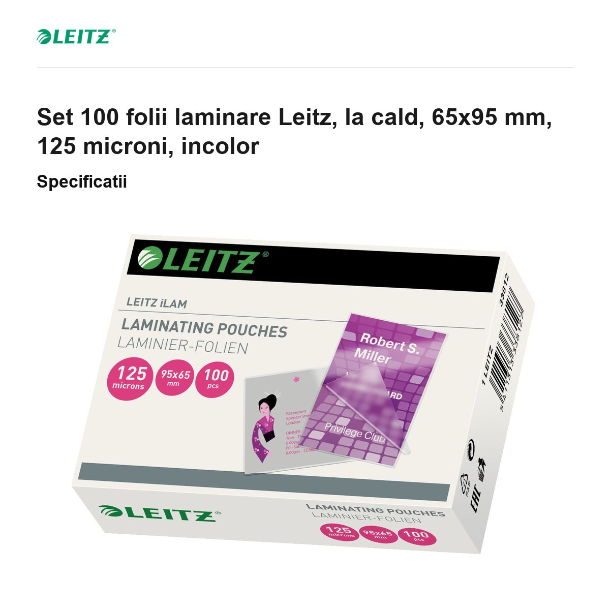 Set 100 folii laminare Leitz, la cald, 65x95 mm, 125 microni, incolor [3]