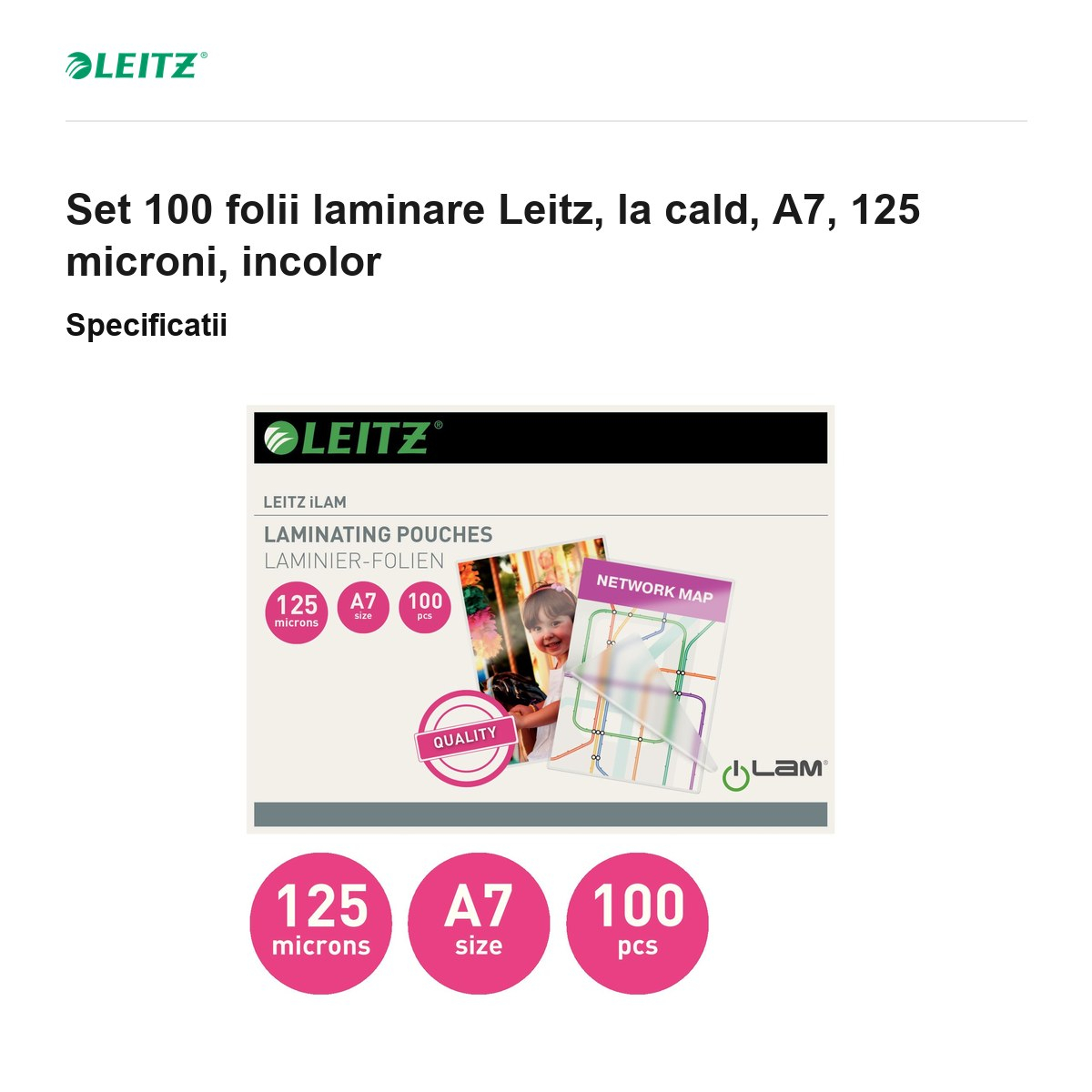 Set 100 folii laminare Leitz, la cald, A7, 125 microni, incolor [3]